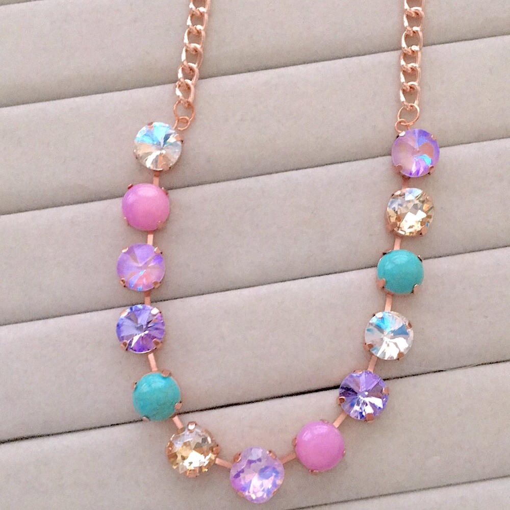 Turquoise, Violet Purple,Pink +Champagne Topaz Rose Gold Crystal Tennis Necklace - Picture 6 of 13